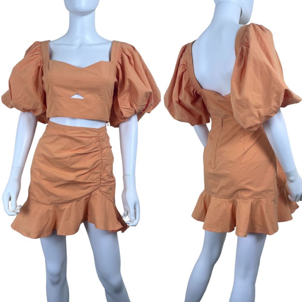 Showpo Astarte Women Size 8 Orange Puff Sleeve Cropped Top Ruffle Mini Skirt NEW